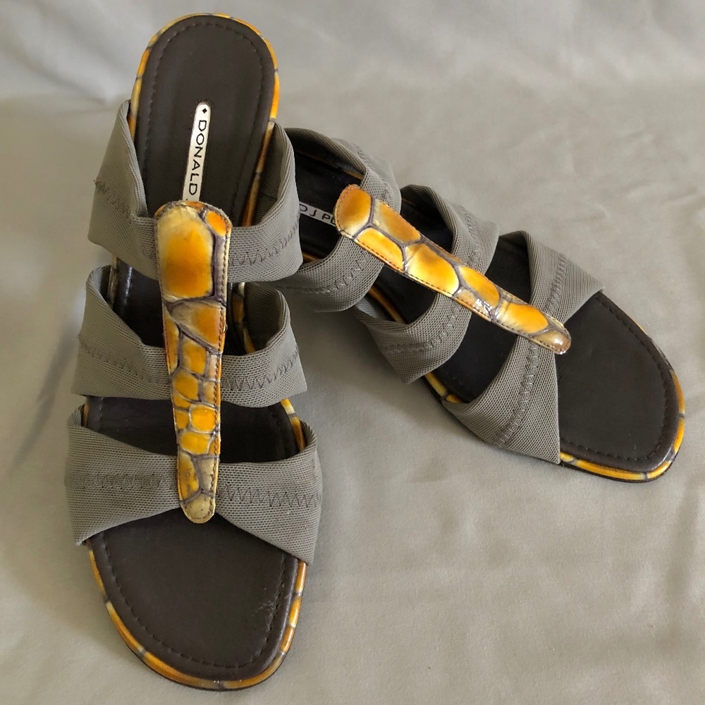 Donald J. Pliner Vintage Gray and Turtle Shell Pattered Low Heeled Sandals